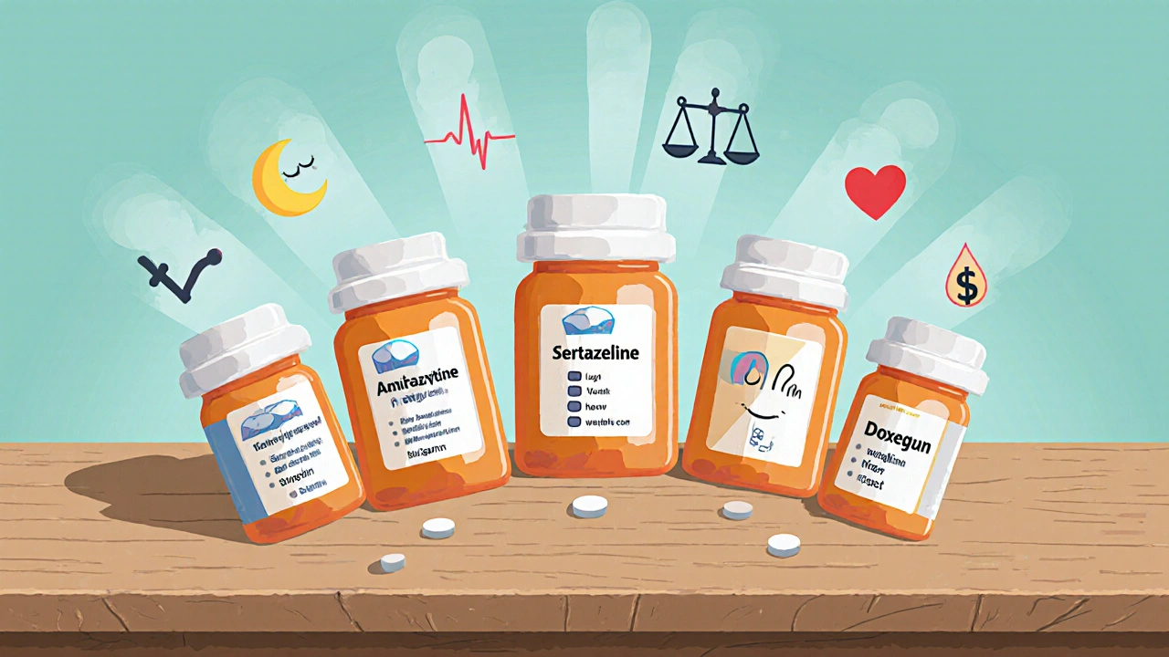Botellas de varios fármacos con íconos de efectos secundarios en estilo cartoon.