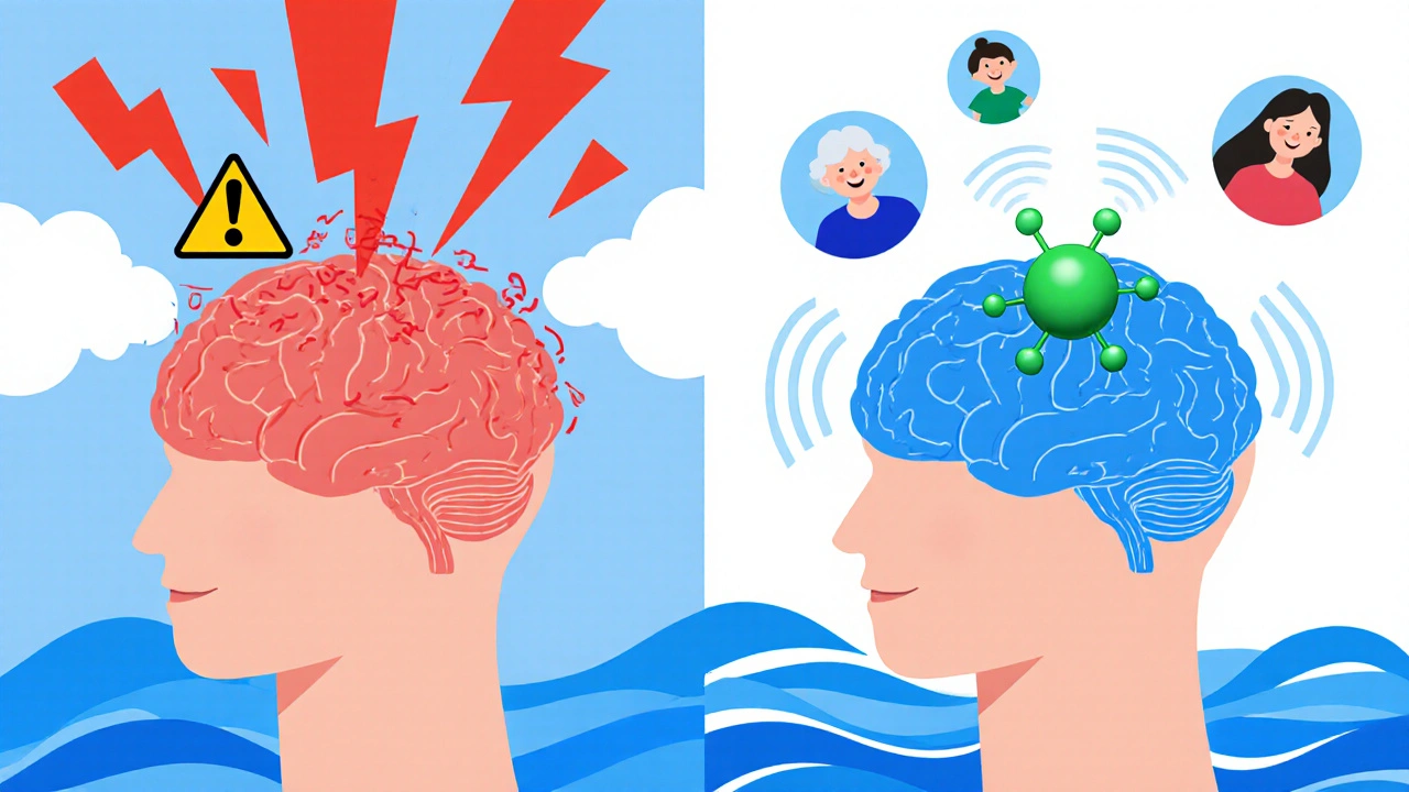 Comparación visual entre carbamazepina caótica y oxcarbazepina tranquila, con personas de distintas edades en fondo limpio.