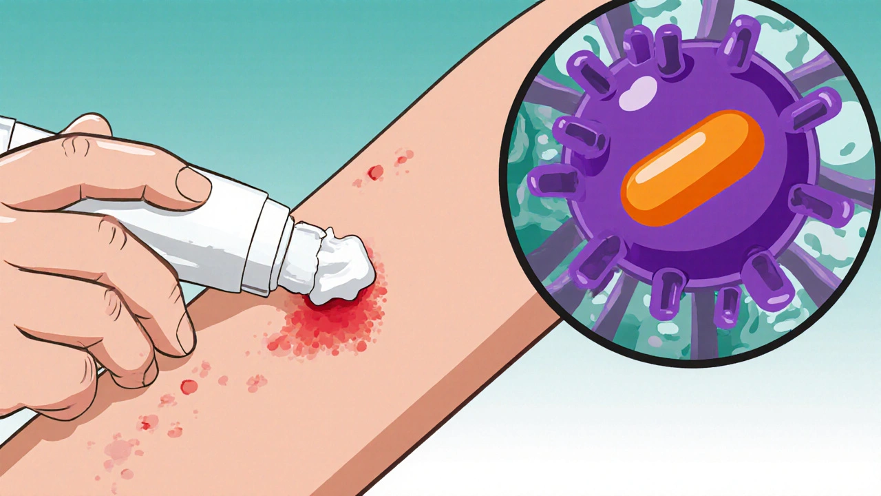 Dibujo cartoon de una mano aplicando crema de clindamicina sobre una lesión cutánea.