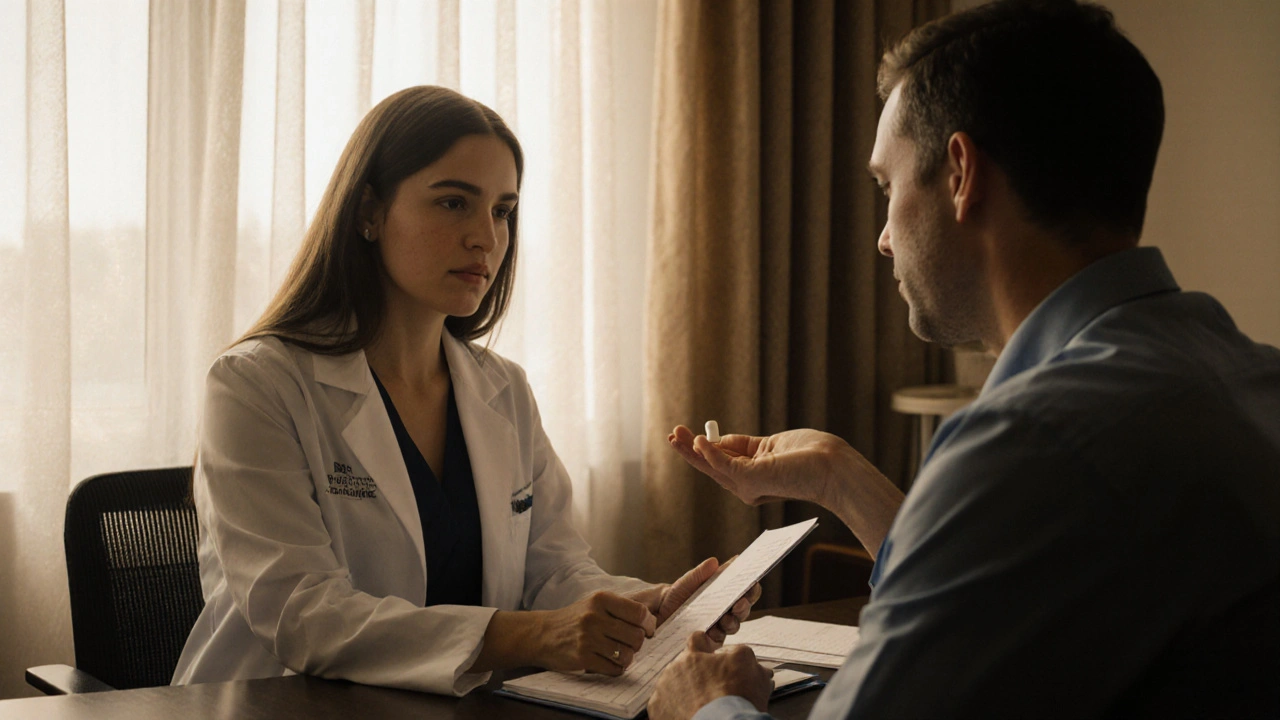 Doctor entregando una receta a un paciente esperanzado en una sala iluminada por luz natural.