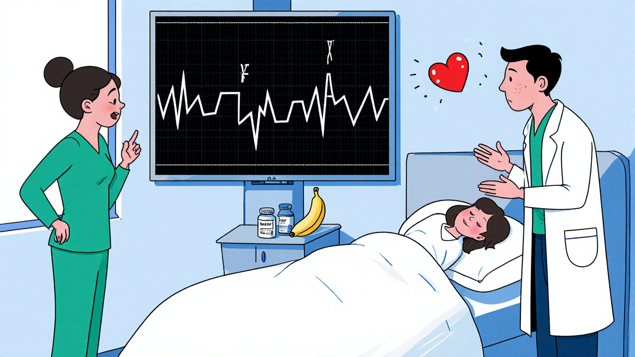 ECG mostrando una arritmia mortal mientras un paciente duerme con medicamentos en la mesita.