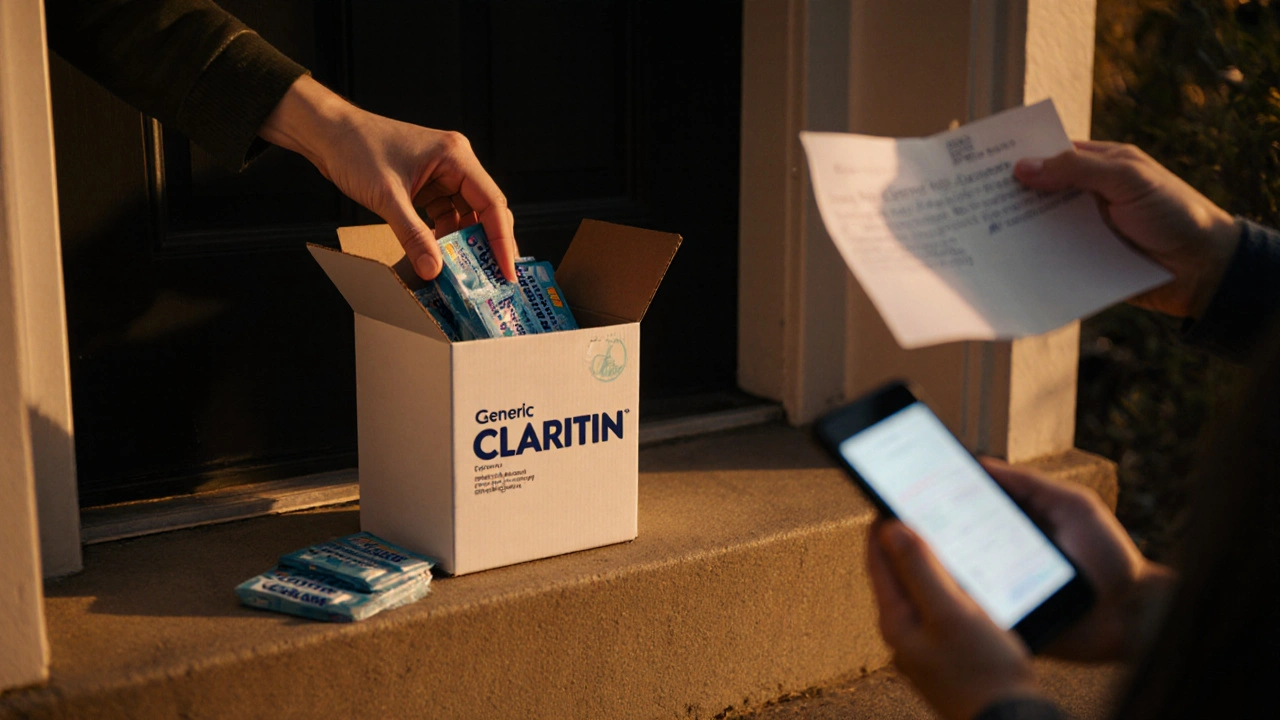 Entrega de caja con paquetes de Claritin en el umbral, mano verificando el lote.
