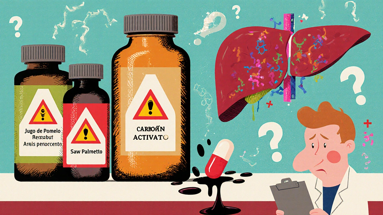 Estantería de suplementos que destruyen anticonceptivos en una farmacia surreal.