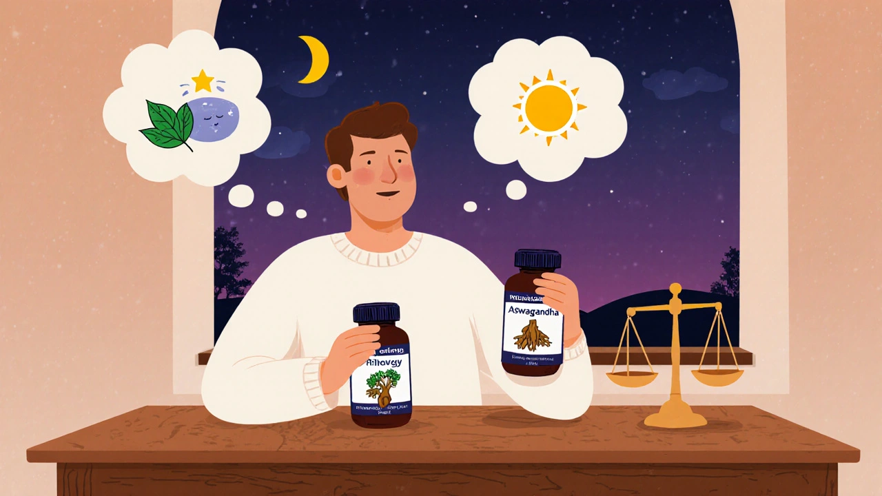 Figura cartoon eligiendo suplementos; una mano muestra una botella de ashwagandha y otra de rhodiola, con símbolos de sueño y energía.