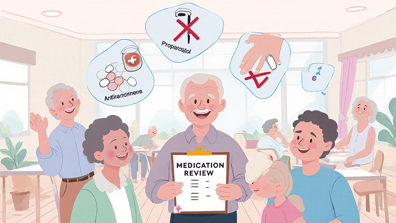 Grupo de adultos mayores en revisión farmacéutica, con píldoras peligrosas tachadas y símbolos de bienestar.