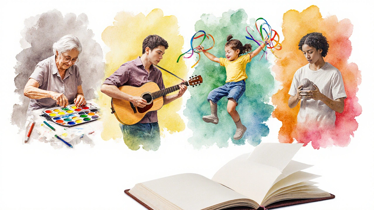 Grupo diverso realizando arte: pintura, música, danza y escultura, mostrando mejora.