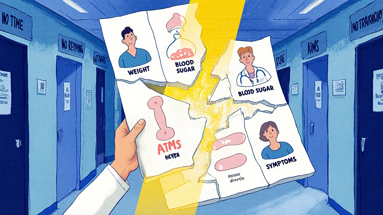 Hoja médica fragmentada, médico solo revisa síntomas psiquiátricos, ignorando otros signos vitales.