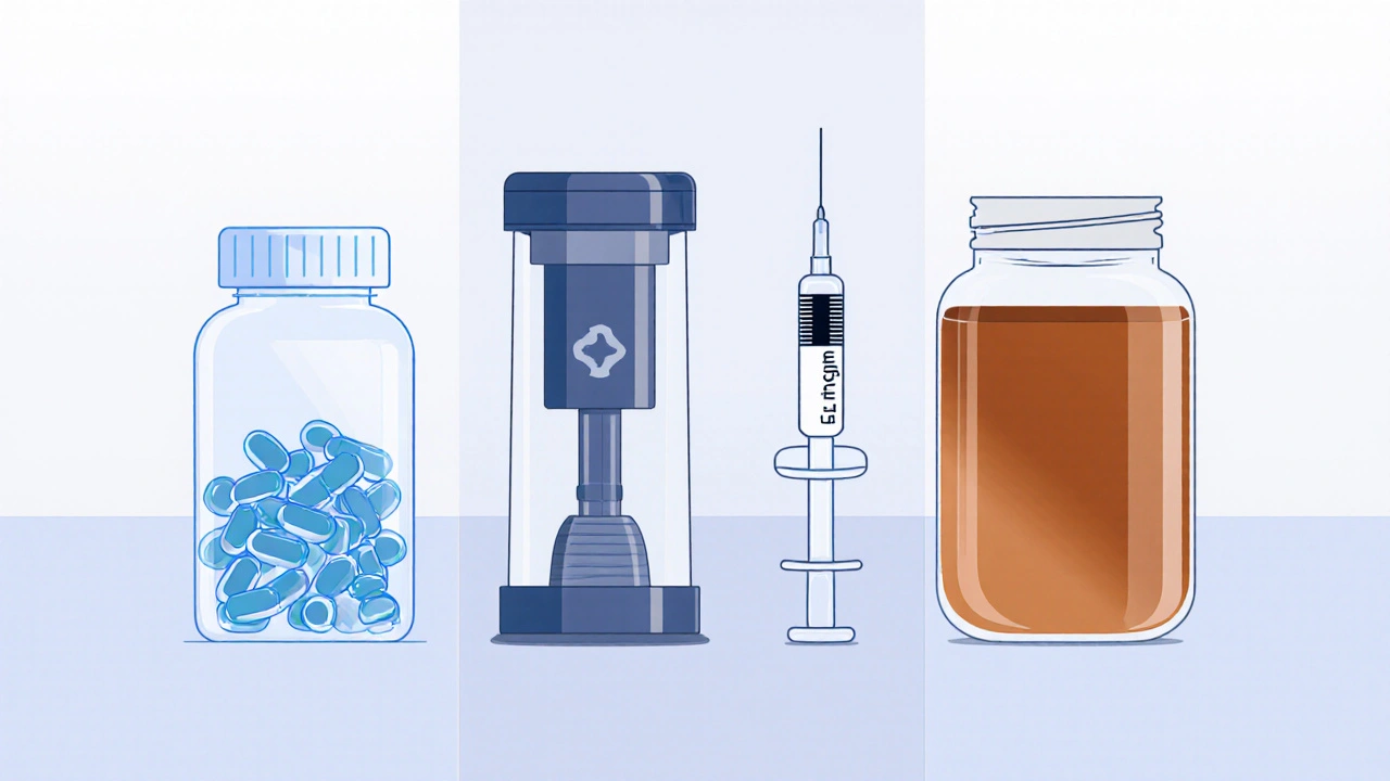 Ilustración médica de píldoras, bomba de vacío, jeringa e suplemento como opciones para la disfunción eréctil.