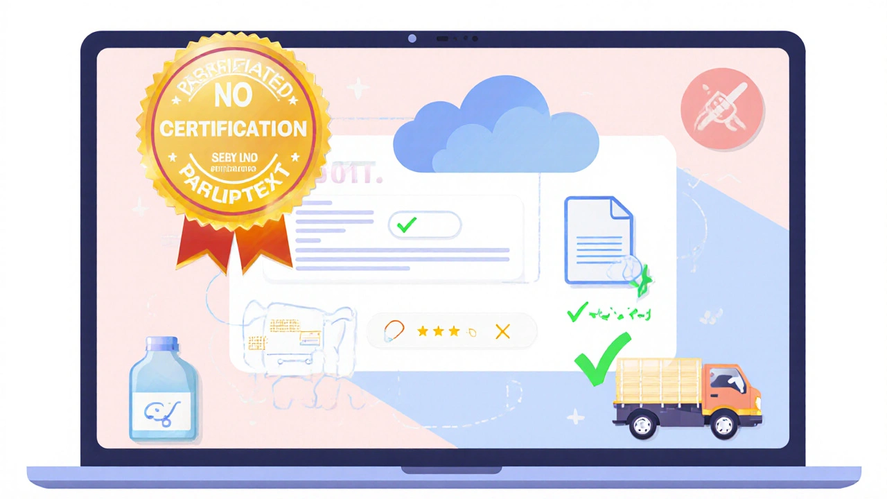 Ilustración pastel de pantalla de farmacia online con sello de certificación y iconos de carga segura.