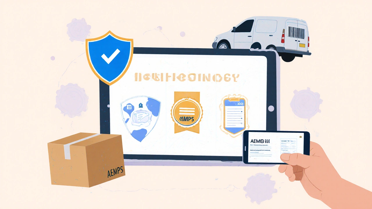 Ilustración pastel muestra verificación de farmacia online con íconos de seguridad.