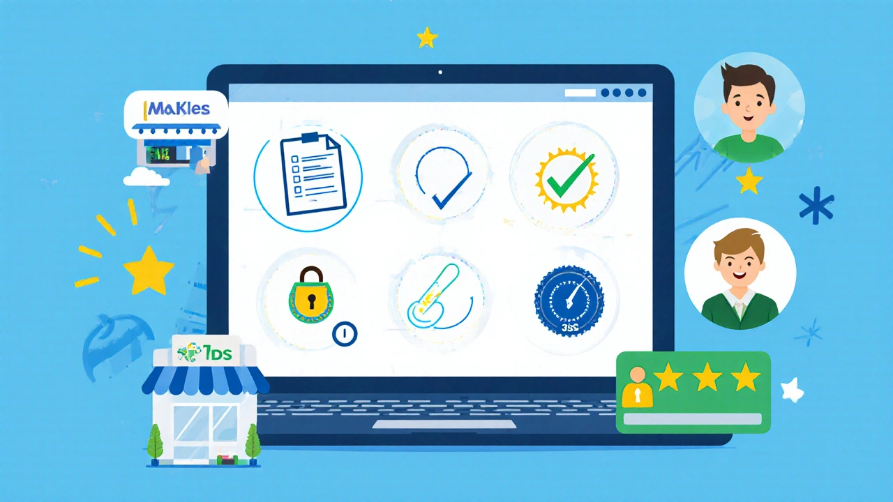 Ilustración vectorial de una lista de verificación con íconos de receta, sello EMA, candado SSL, envío y valoración de usuarios.