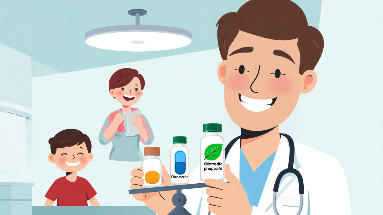 Imagen cartoon de un médico comparando antibióticos y mostrando a un paciente feliz tras el tratamiento.