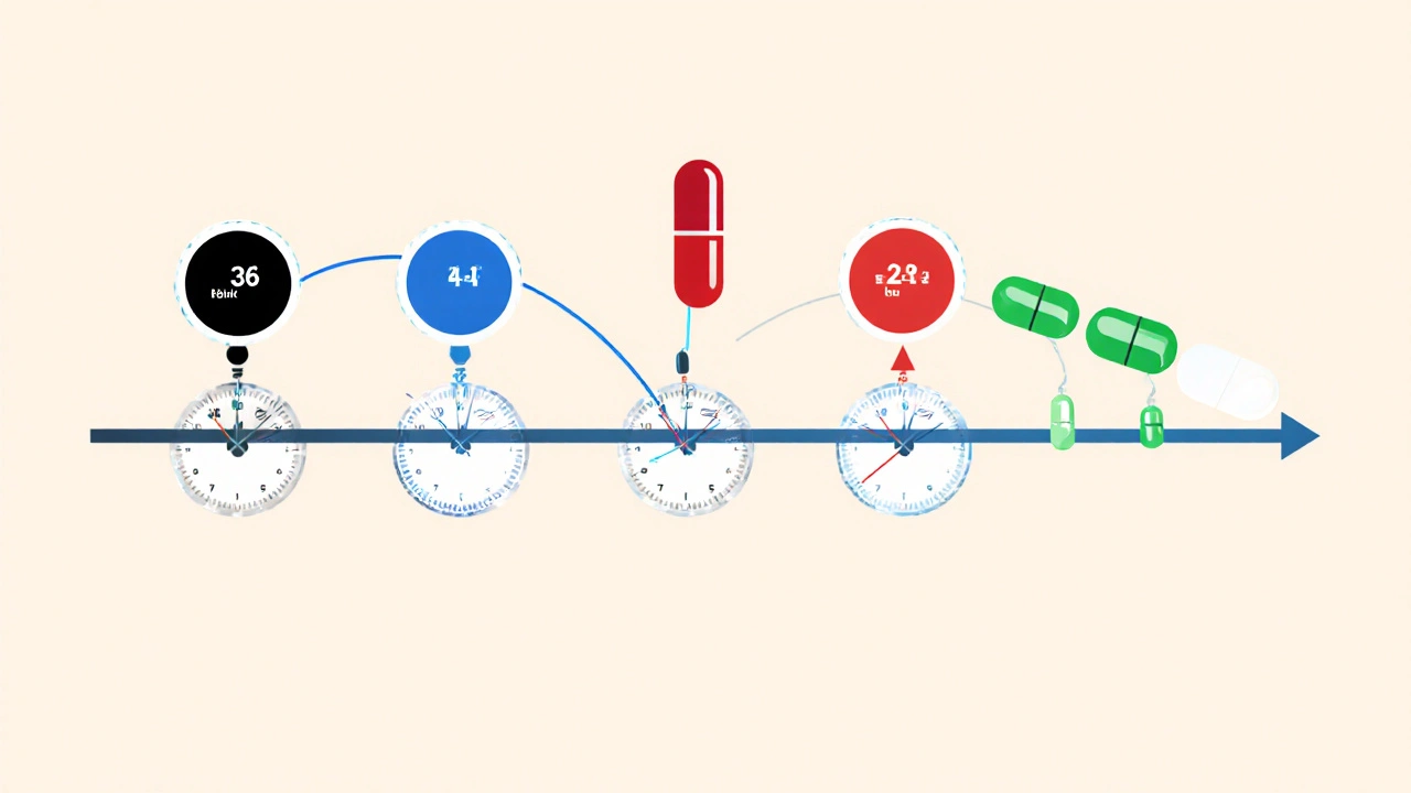 Línea de tiempo con relojes y píldoras coloreadas que ilustran la duración de diferentes medicamentos para la DE.
