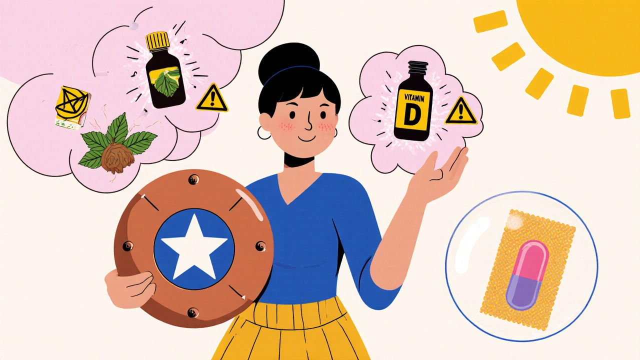 Mujer con DIU de cobre como escudo, rodeada de suplementos seguros.