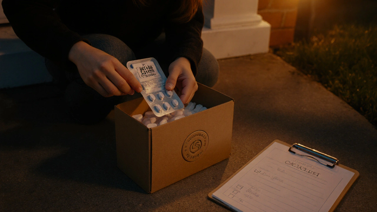 Mujer recibiendo caja discreta en la puerta, revisando blister de pastillas y lista de verificación.
