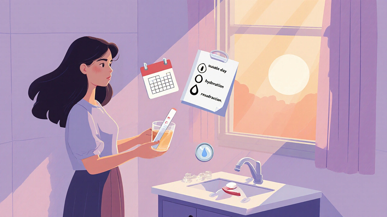 Mujer tomando la primera orina del día con una prueba de embarazo y una lista de pasos al lado.