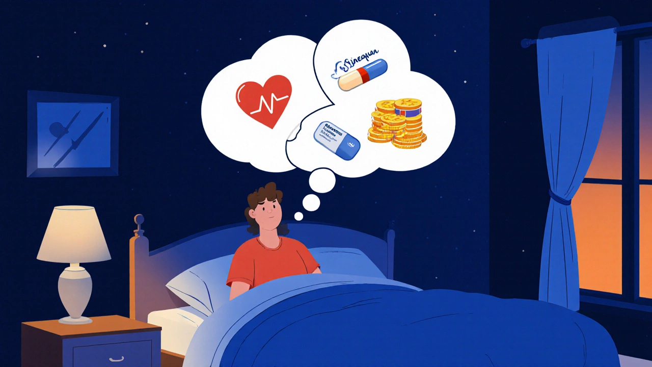 Paciente decide entre medicamentos, pensando en salud, sueño y precio.