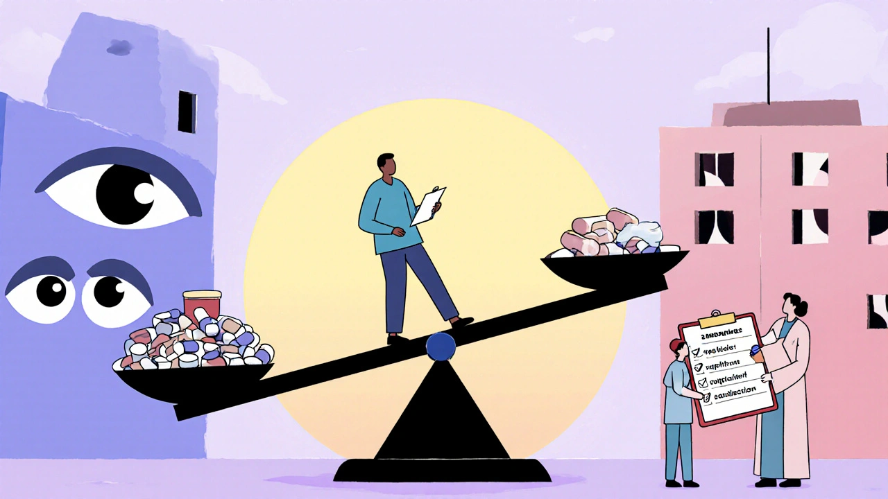 Paciente en balanza desequilibrada, monitoreo médico mínimo frente a riesgos metabólicos.