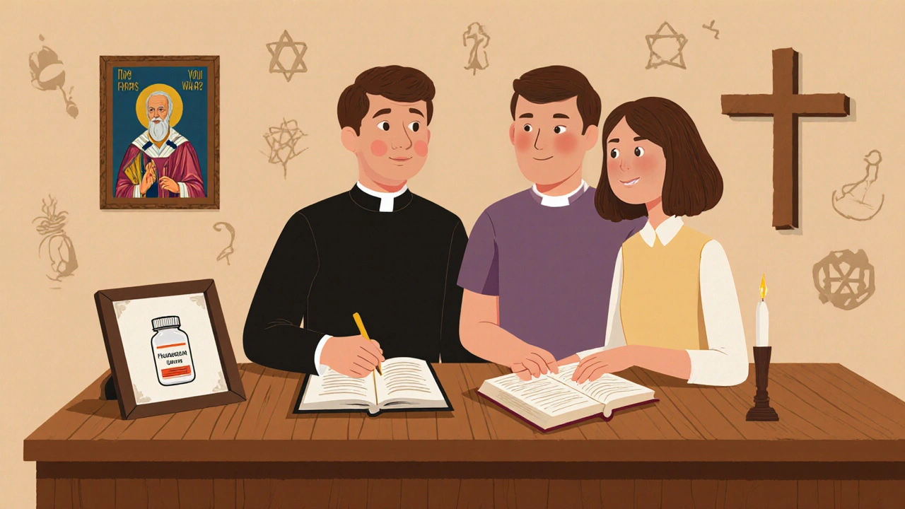 Pareja conversando con un sacerdote mientras aparecen símbolos religiosos y una tableta con Flibanserin.