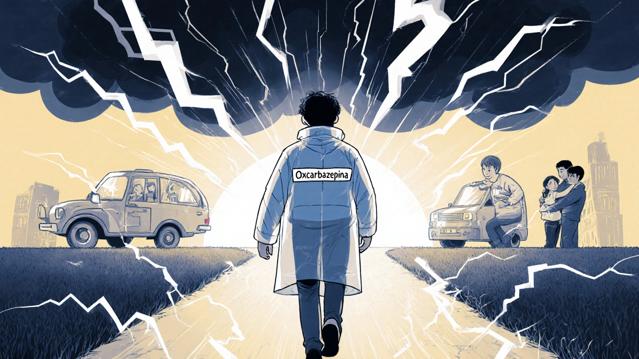 Persona caminando bajo tormenta eléctrica protegida por una capa que neutraliza los relámpagos, hacia una vida normal.