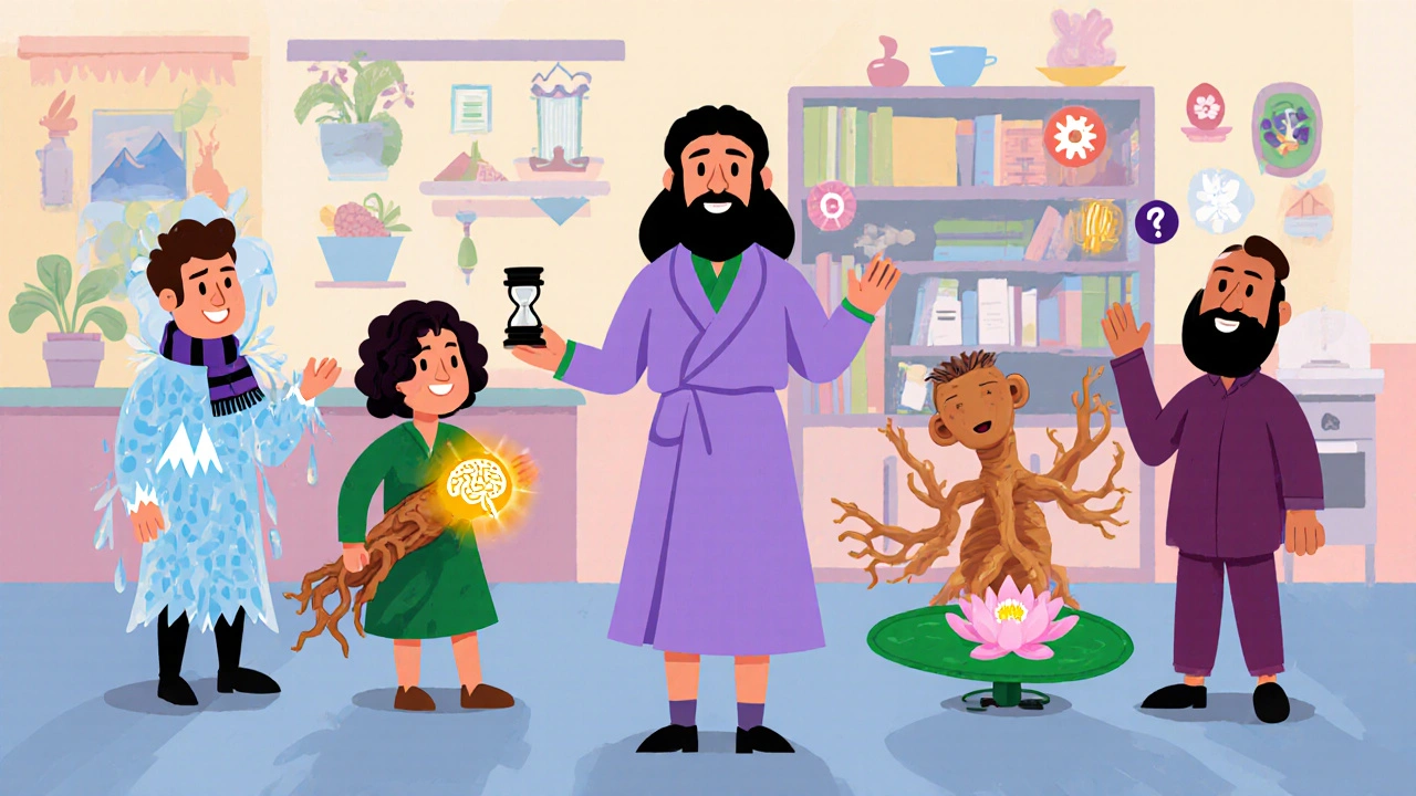 Personajes cartoon que representan Rhodiola, Ginseng, Bacopa y Schisandra alrededor de una botella de ashwagandha.
