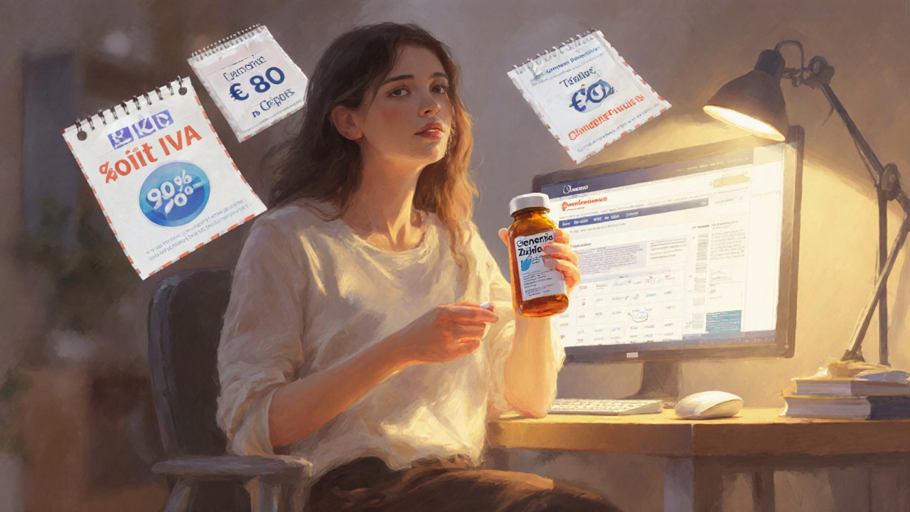 Pintura digital de una persona en su escritorio rodeada de etiquetas de precio, cupón y calendario que resaltan ahorros al comprar Zovirax.