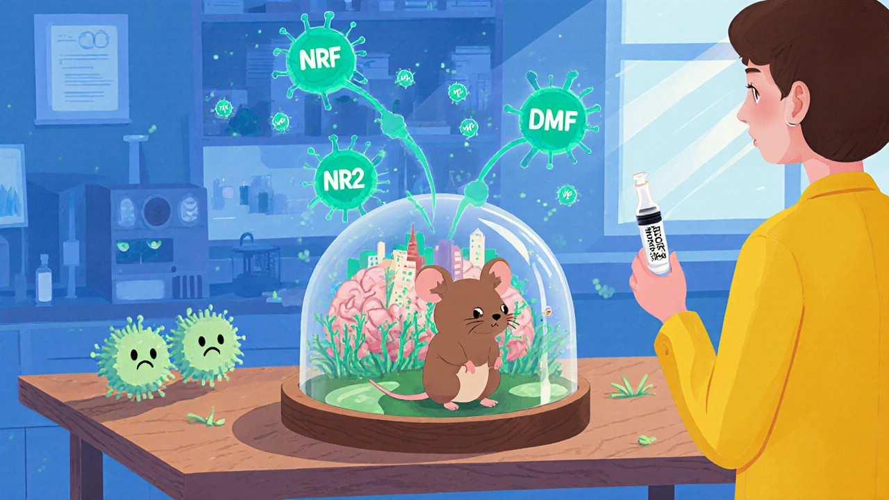 Ratón de laboratorio con cerebro iluminado por dimetil fumarato, microglía calmada y neuronas protegidas.