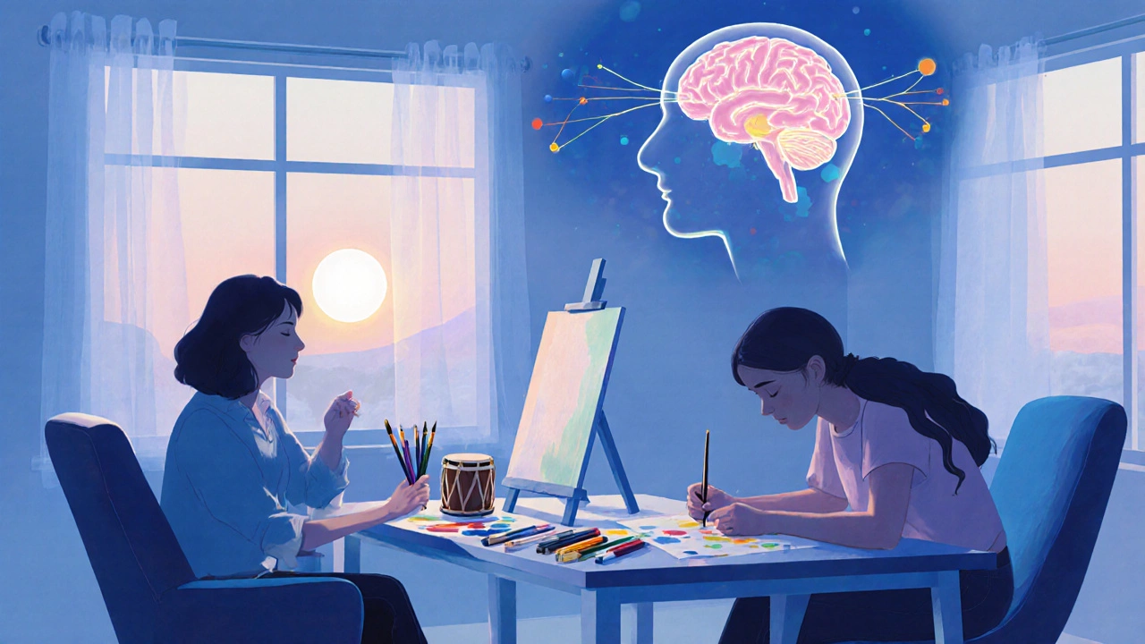 Sesión de terapia artística con cliente pintando y cerebro resaltado.