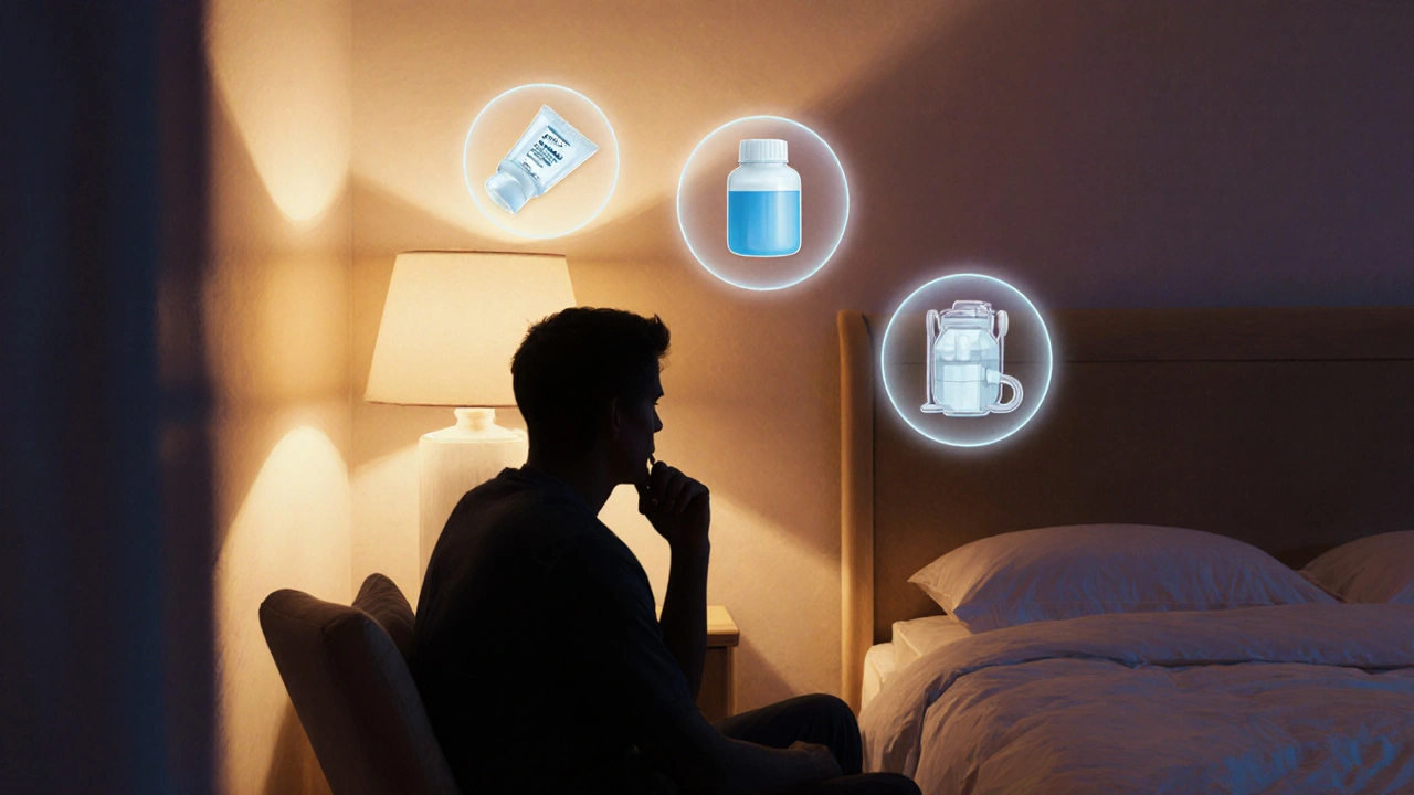 Silueta masculina en dormitorio al atardecer pensando entre gel tópico, pastilla y bomba de vacío.