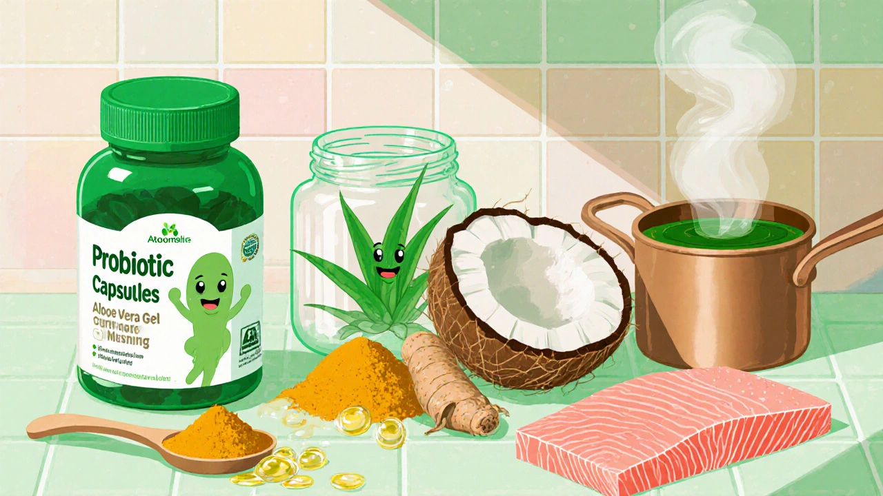 Varios suplementos naturales como probióticos, aloe, cúrcuma y aceite de coco mostrados en una encimera cartoon.