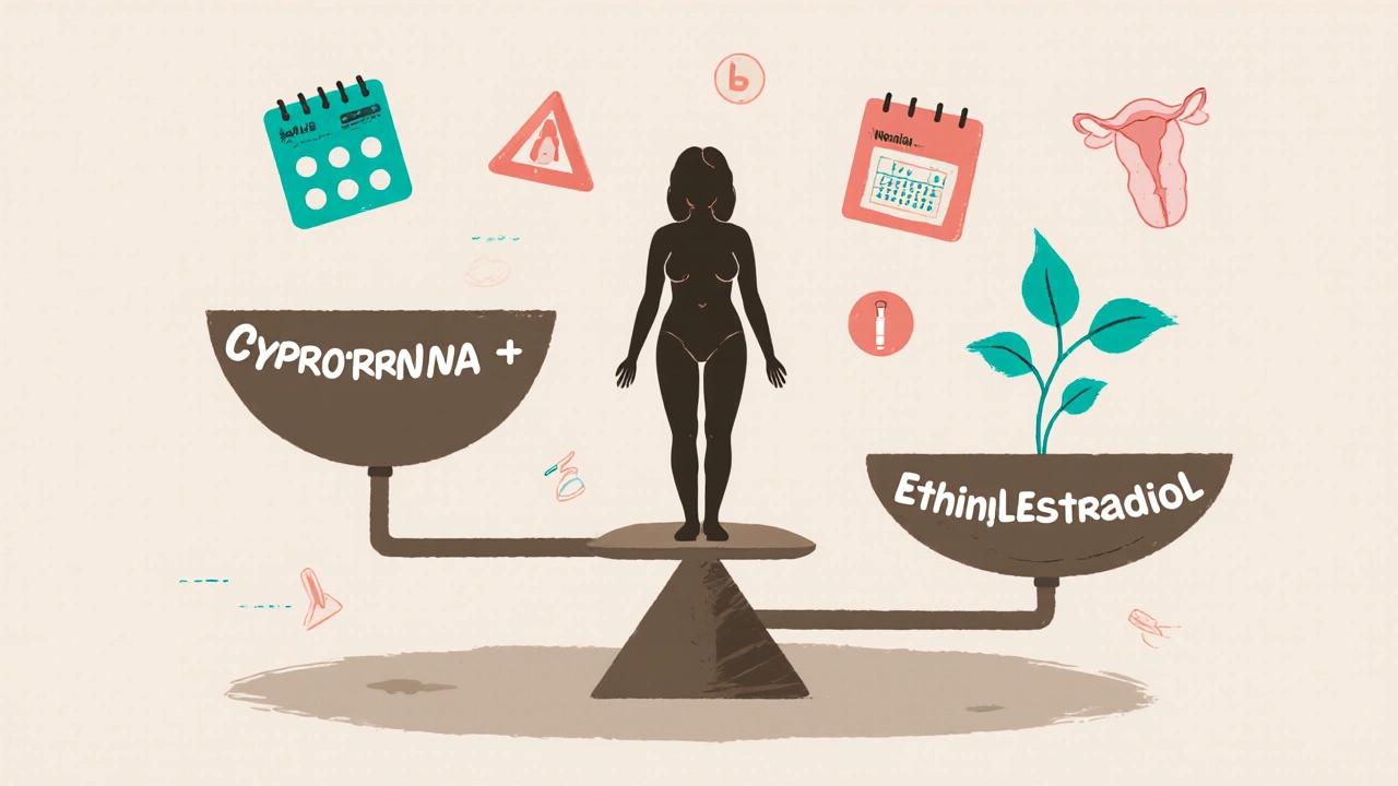 Balanza comparando dos tipos de píldoras con símbolos de salud hormonal y tratamientos alternativos.
