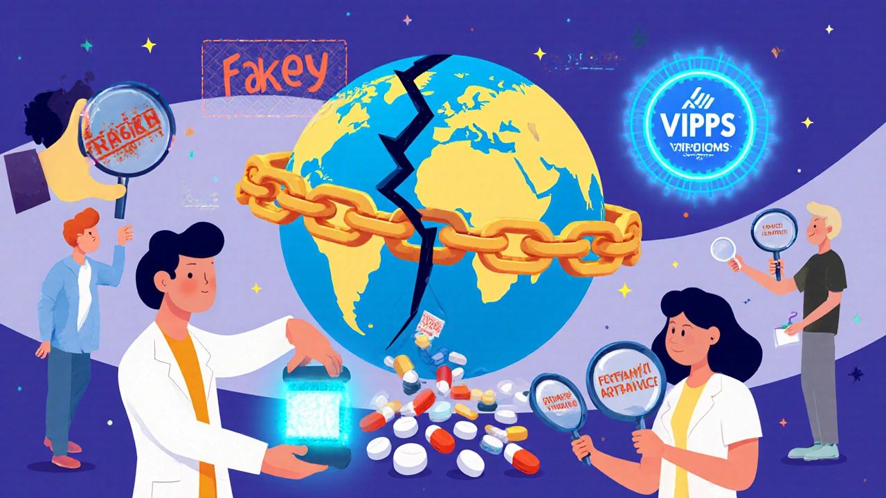 Cadena de bloques protegiendo el mundo de medicamentos falsificados, con farmacéutico detectando contaminantes.