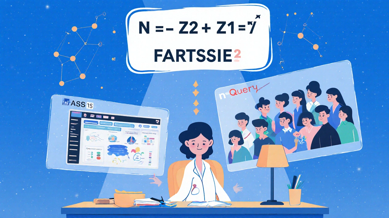 Científico con interfaces estadísticas y voluntarios en ensayo clínico, con ecuación flotante como constelación.