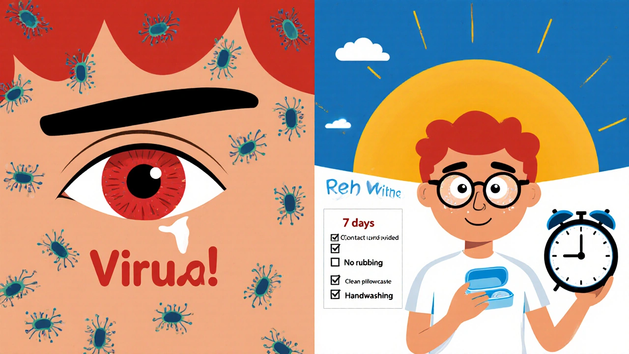 Comparación visual entre conjuntivitis viral y curada con hábitos de prevención.