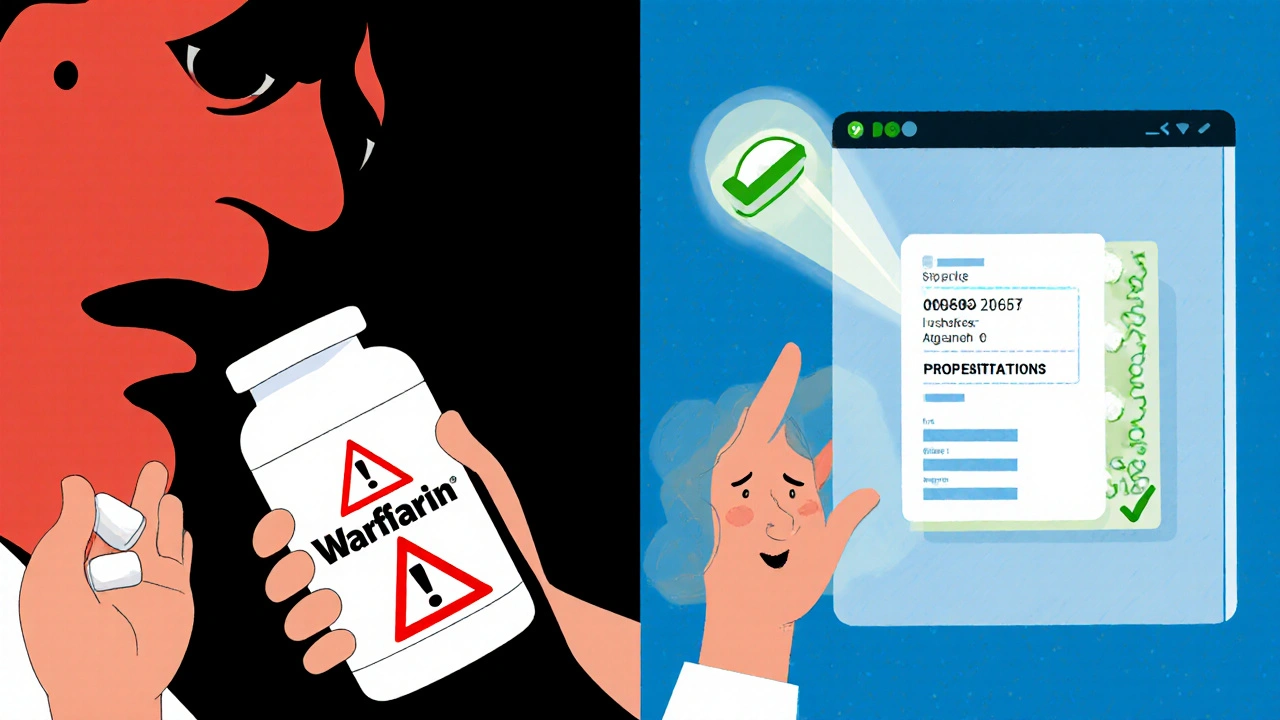 Escena comparativa: sustitución sin documentación (peligro) vs. con documentación (seguridad) para un paciente.