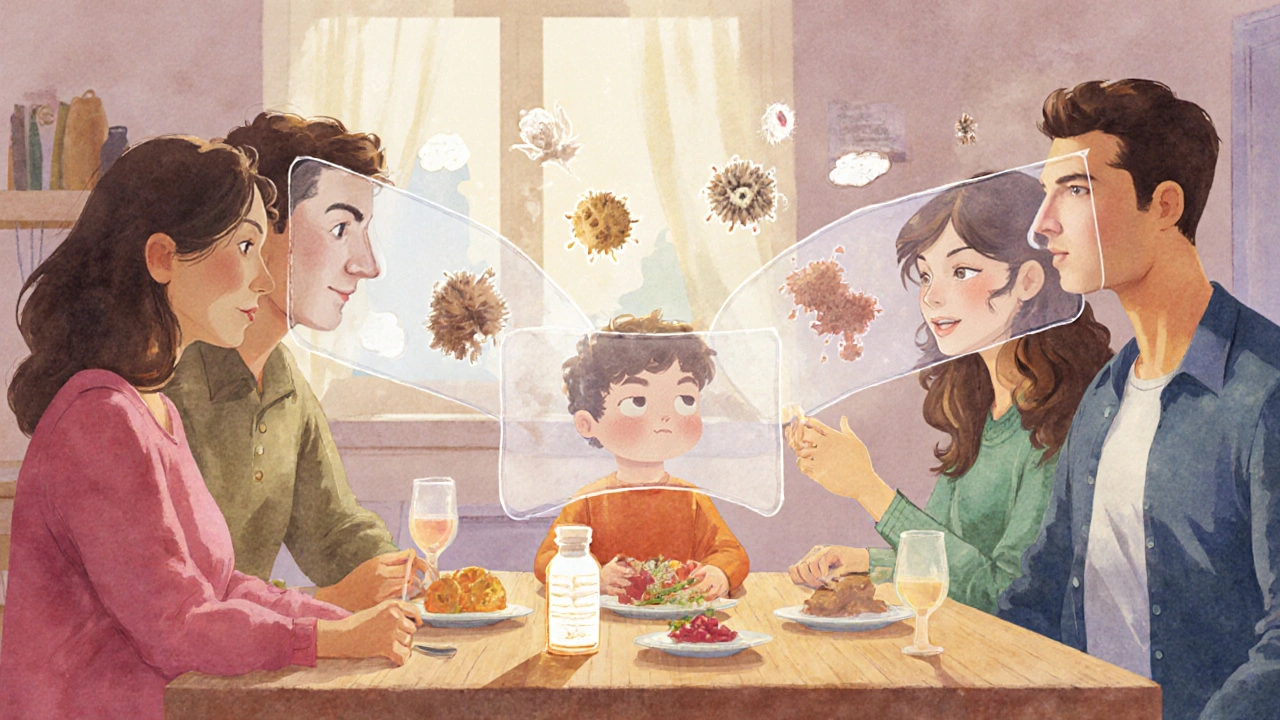 Familia en la cena mientras el montelukast protege la nariz y los pulmones de alérgenos.