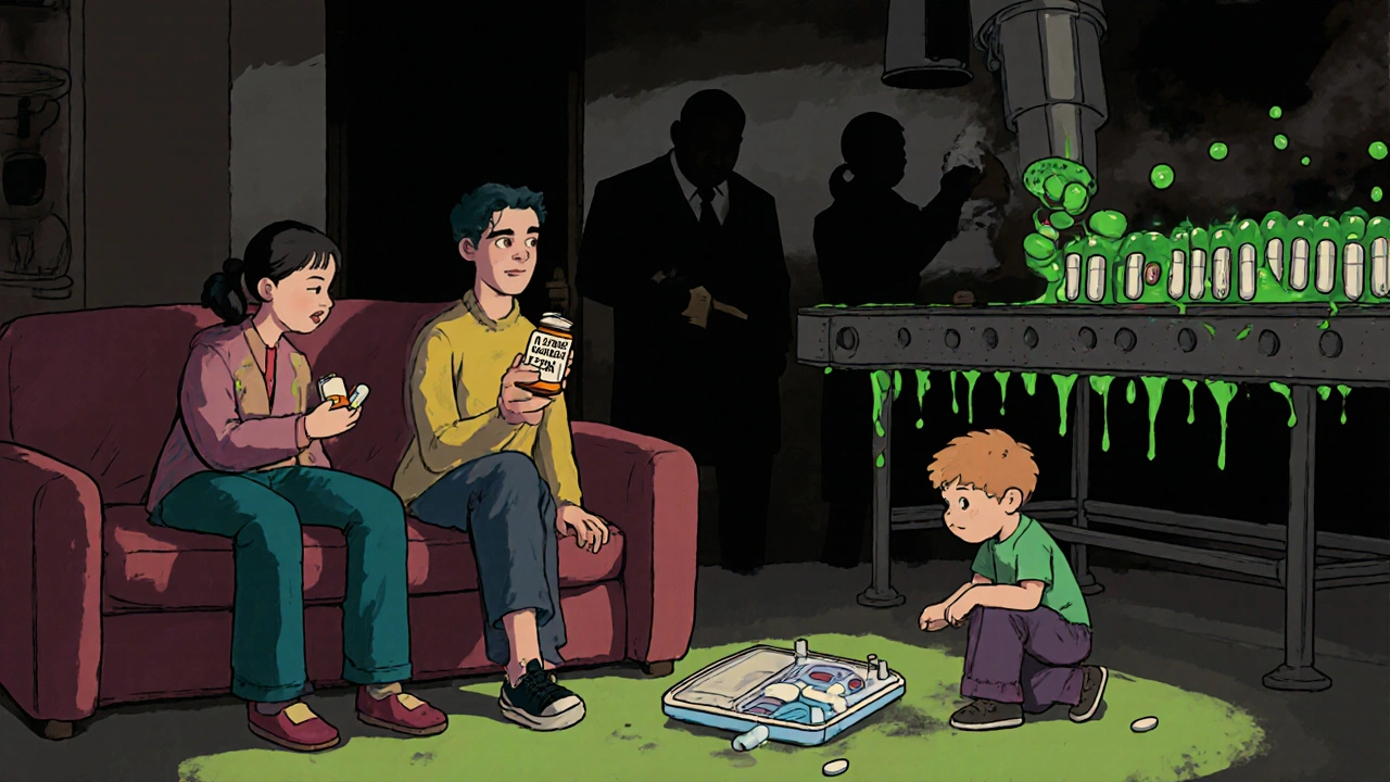 Familia ignorando píldoras falsas mientras sustancias tóxicas se vierten en una línea de producción.