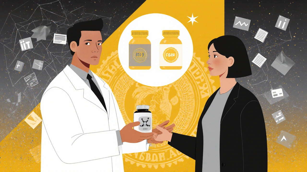 Farmacéutico entrega un medicamento genérico mientras moléculas idénticas brillan y redes sociales se desvanecen.