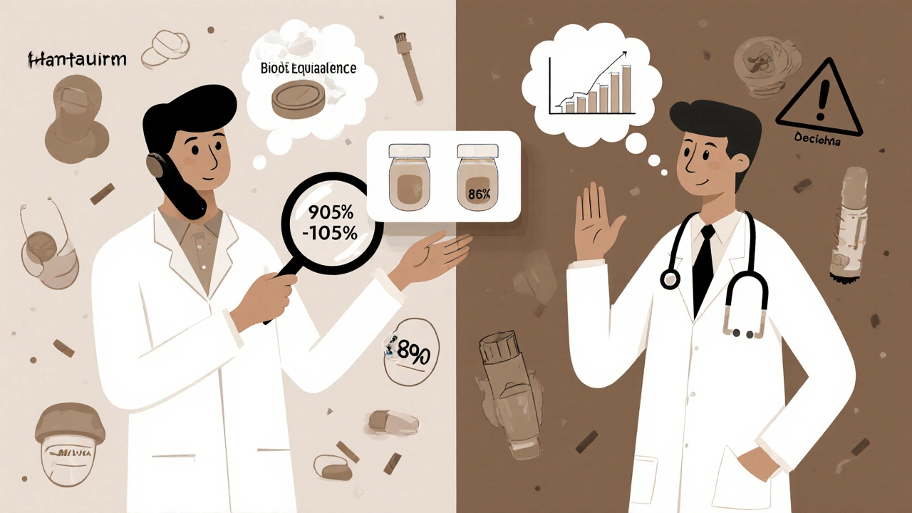 Farmacéutico habla con un médico sobre bioequivalencia, mostrando datos de adherencia mejorada en una gráfica.