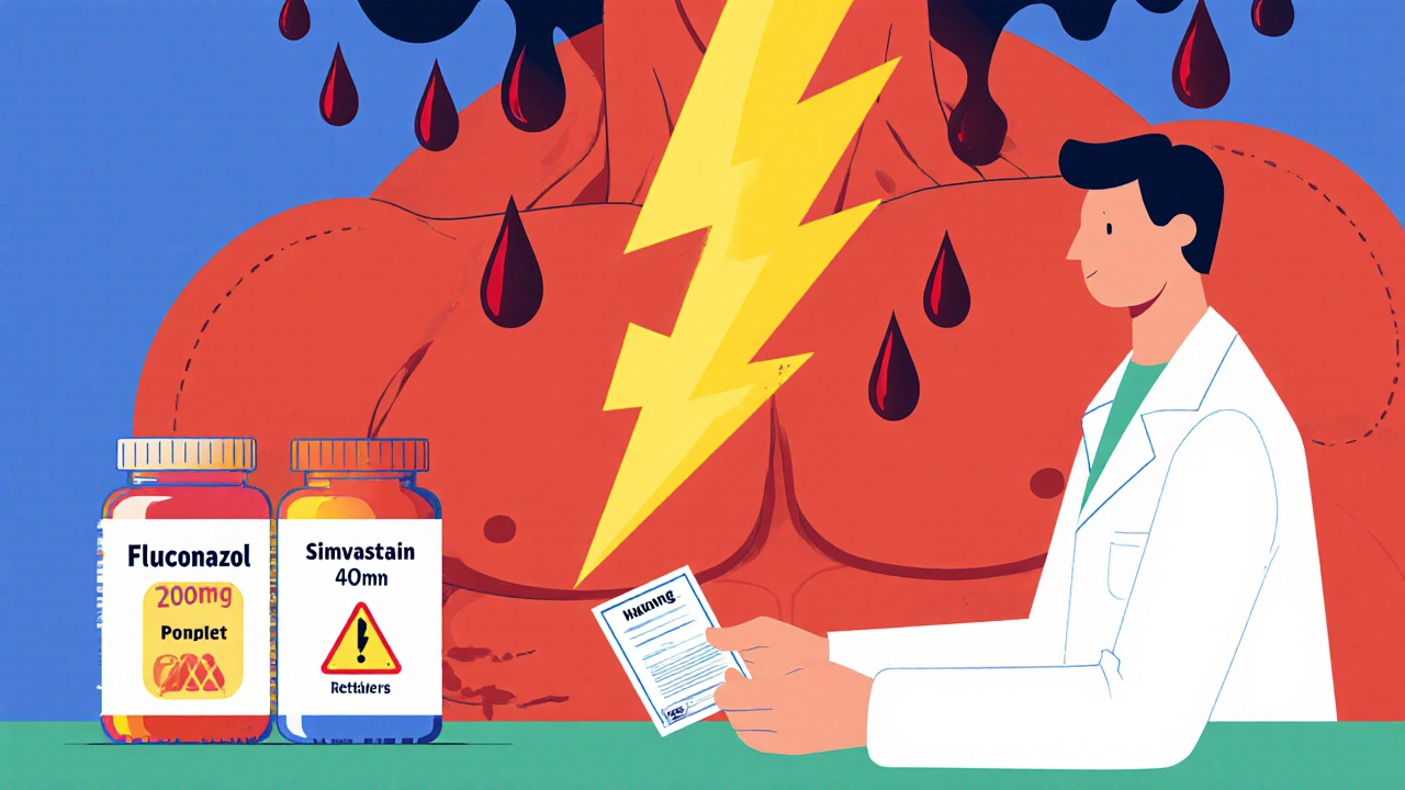 Farmacéutico y paciente con medicamentos peligrosos, señal de advertencia luminosa entre ellos.