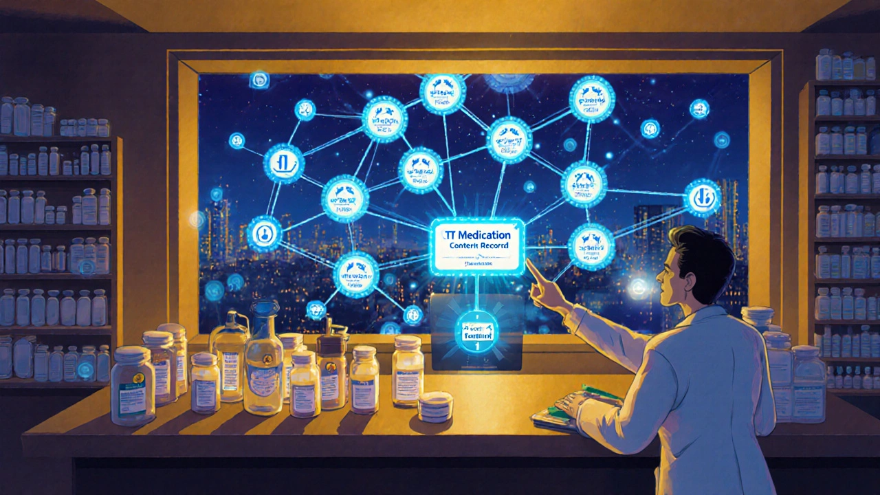 Farmacia futura con cadena de bloques digital que rastrea cada medicamento desde el fabricante hasta el paciente.