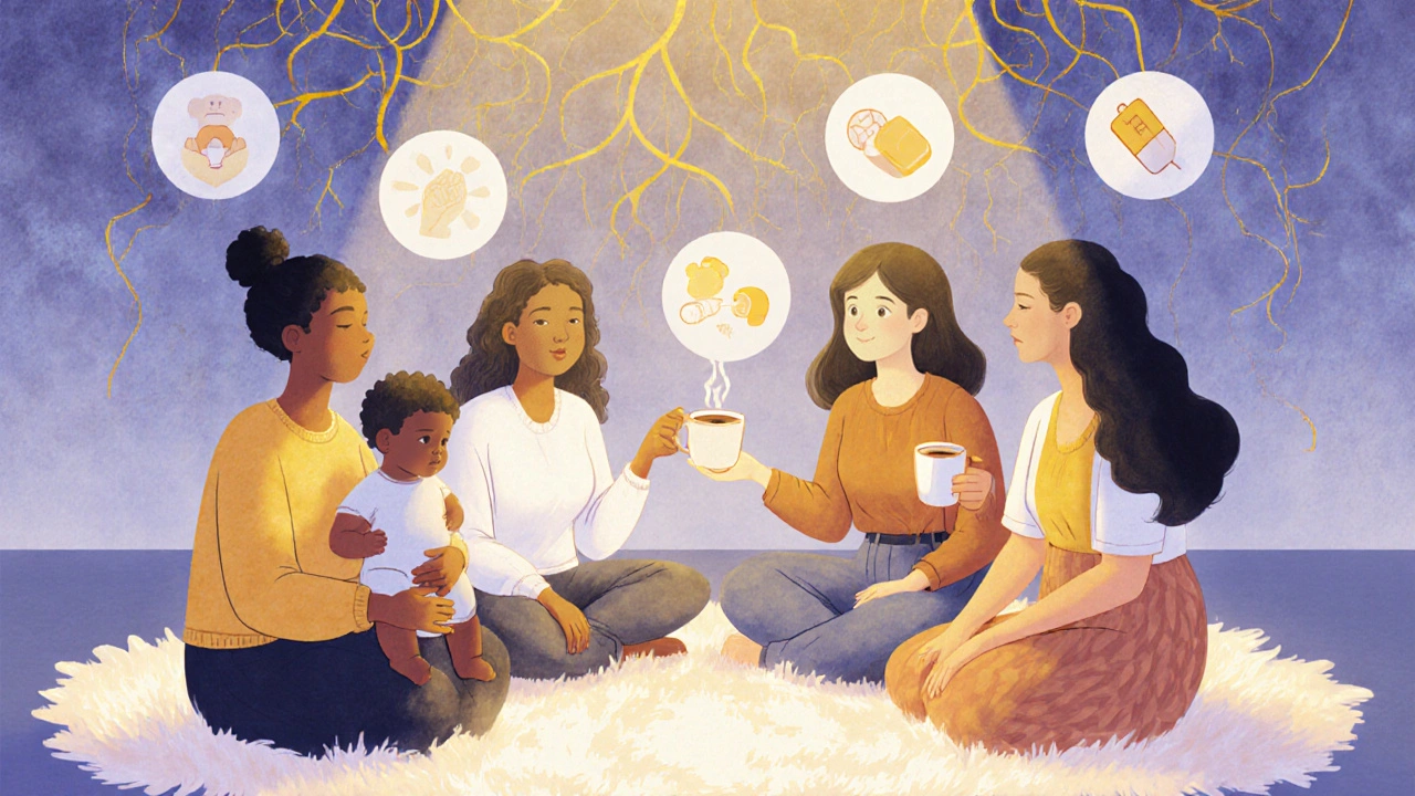 Grupo de mujeres apoyándose mutuamente, hilos dorados las conectan, luz cálida y ambiente esperanzador.