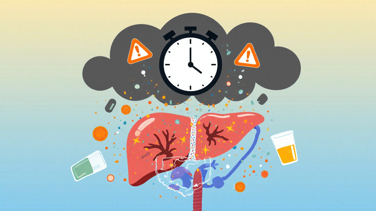 Hígado cartoon con escudo de moléculas que se desmorona bajo partículas tóxicas y un reloj.