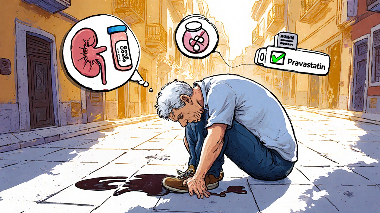 Hombre mayor desmayado con orina oscura y análisis médico flotante, contexto urbano español.