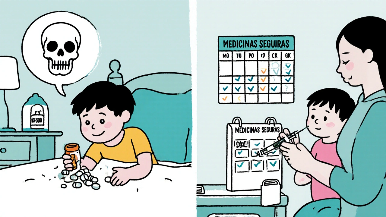 Ilustración comparativa: niño tomando pastillas de forma peligrosa vs. recibir medicamento seguro con jeringa.