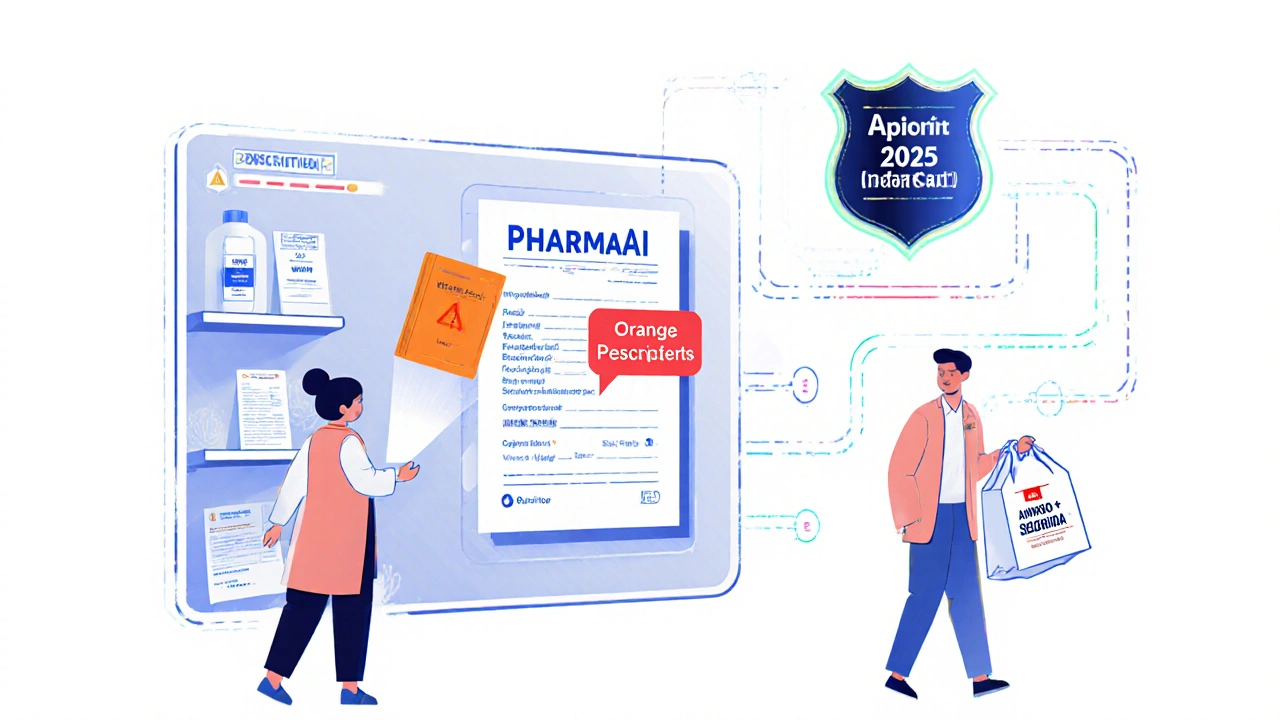 Interfaz de IA en farmacia analiza excipientes y documenta sustituciones genéricas con un resumen visual.