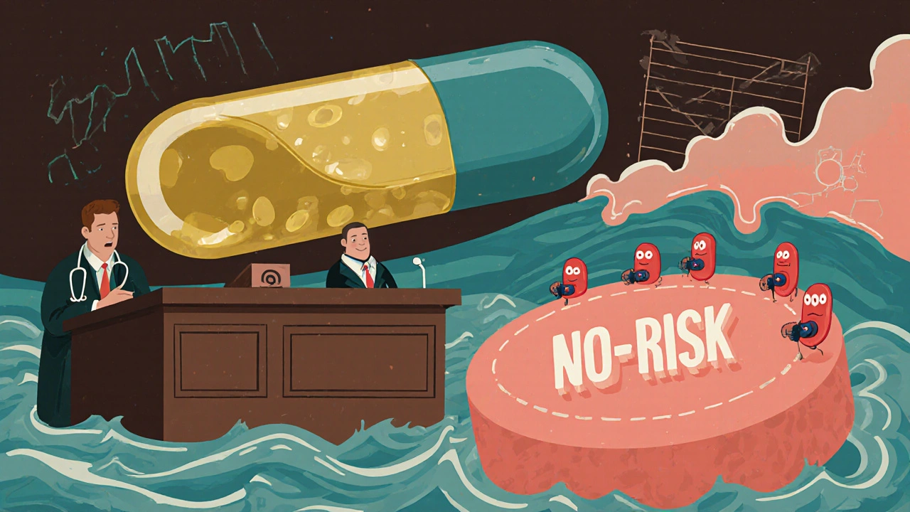 Juicio cartoon de una cápsula de aceite de pescado y una aspirina, plateletas testifican mientras un juez escucha con estetoscopio.