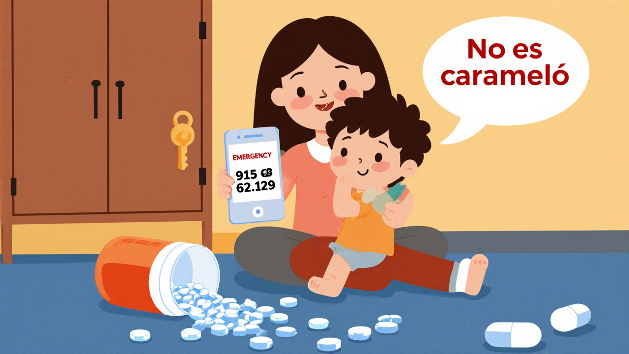 Madre llama a emergencia por intoxicación infantil, con botella vacía en el suelo y gabinete cerrado al fondo.