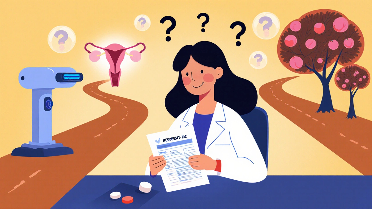 Mujer en consulta médica con tres caminos de tratamiento representados visualmente.