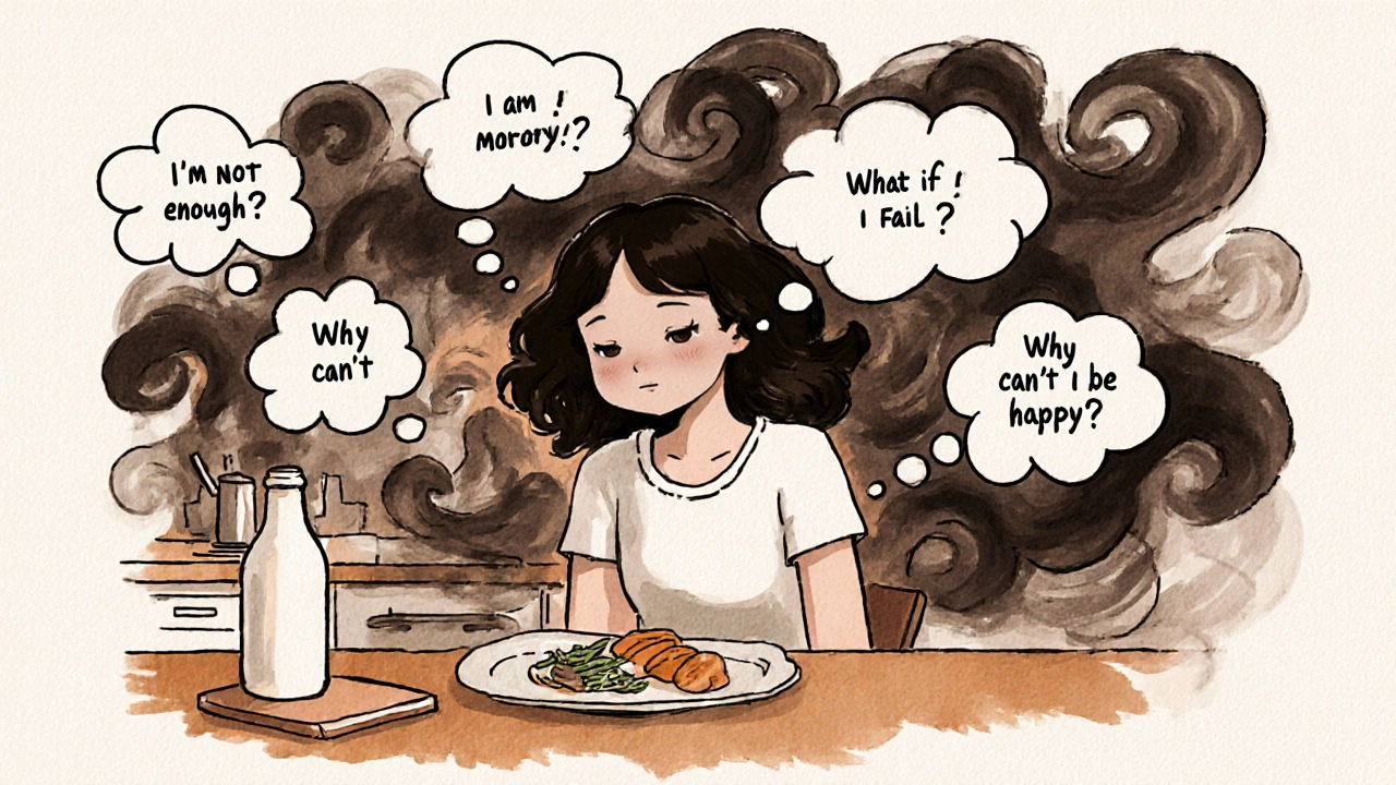 Mujer en la cocina mirando comida fría, pensamientos negativos flotan como humo oscuro alrededor de ella.